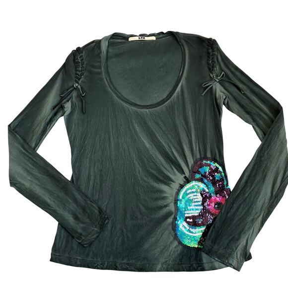 Fornarina LTD Vtg Y2K Tie-dye Scoop Neck Top Blouse Lace-up Shoulders Sequinned - Picture 8 of 16